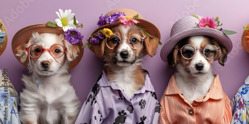 Realistic dog prints on clothes with flowers hats and glasses. Concept Dog Prints, Flower Hats, Glasses, Fashionable Outfits, Realistic Design © Ян Заболотний