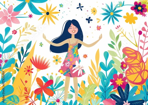 Happy Woman Enjoying Nature Surrounded by Colorful Flowers Illustration