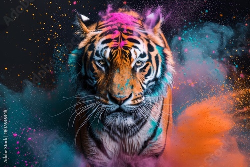 Mystical Tiger Portrait with Vibrant Paint Splashes in Pink and Blue on a Dark Cosmic Background