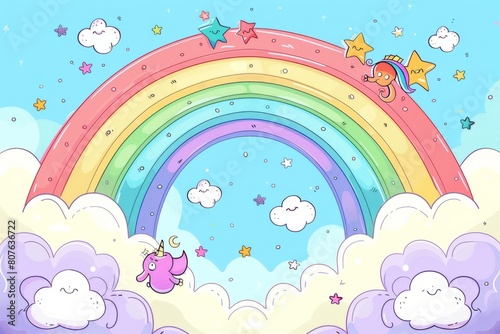 Cartoon cute doodles of a double rainbow arching across the sky, with jubilant characters searching for the pot of gold at the end.Generative AI