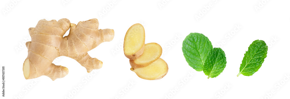 Ginger root with sliced and mint leaf isolated on white background. Ginger root with sliced and mint leaf isolated on white background.