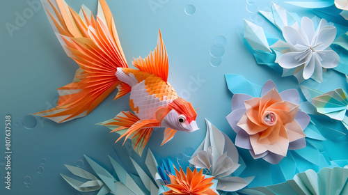 Diorama of Veiltail Goldfish Origami Swimming in a Pond