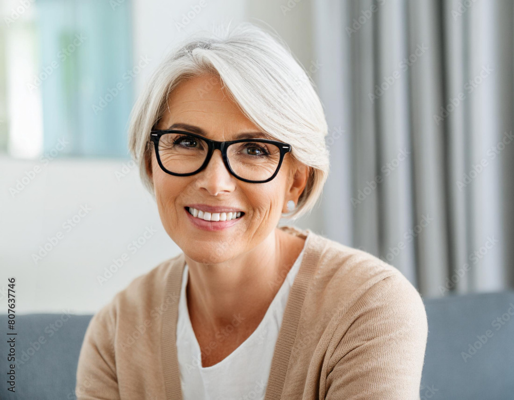 portrait of smiling eyeglasses friendly beautiful happy 50 year old woman with white hair grey portrait of smiling eyeglasses friendly beautiful happy 50 year old woman with white hair grey