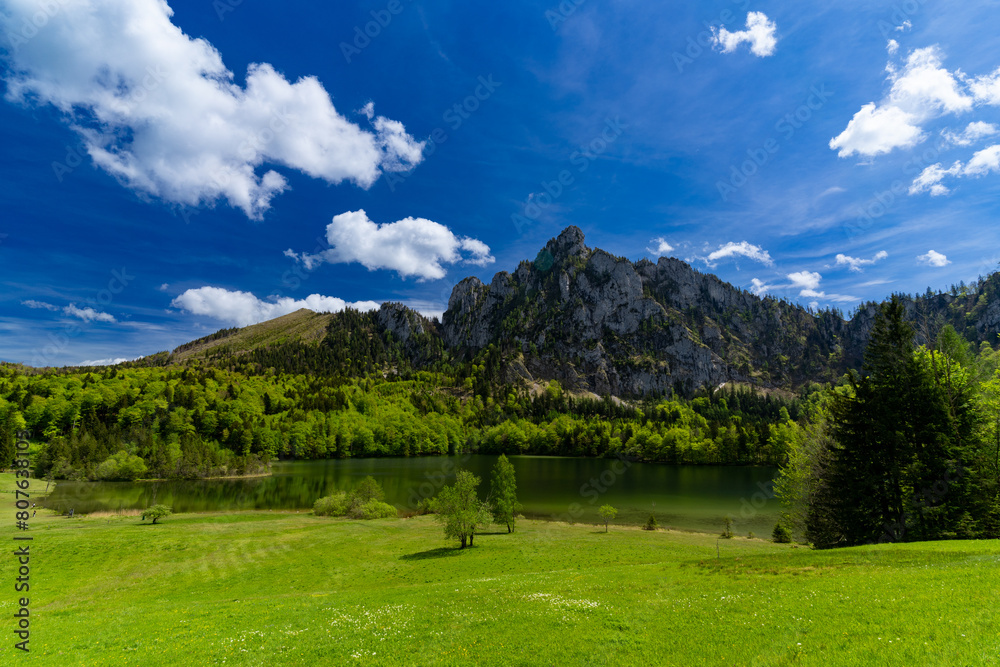 Traunsee im Salzkammergut in Oberösterreich vom Berg mit Blick auf den See und den Bergen
