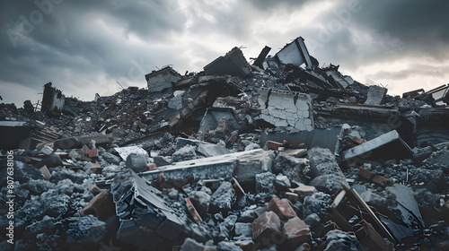 Demolished building rubble strewn across a grey sky.