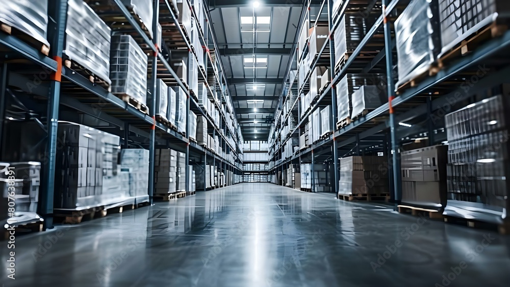 Large warehouse with tall shelves for logistics and distribution operations. Concept Warehouse Design, Distribution Center, Storage Solutions, Logistics Operations, Inventory Management