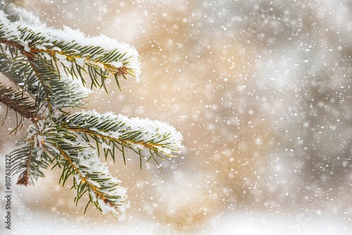 A snow covered fir tree on blurred background of falling snowflakes. New Year and Christmas atmosphere, celebration. Copy space. Winter. Xmas card, banner. Pine. Celebrate