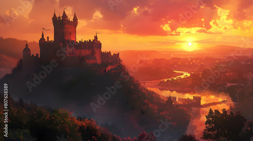 Digital painting of a medieval castle at sunset