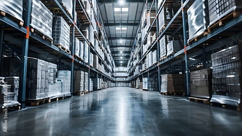Large warehouse with tall shelves for logistics and distribution operations. Concept Warehouse Design  Distribution Center  Storage Solutions  Logistics Operations  Inventory Management