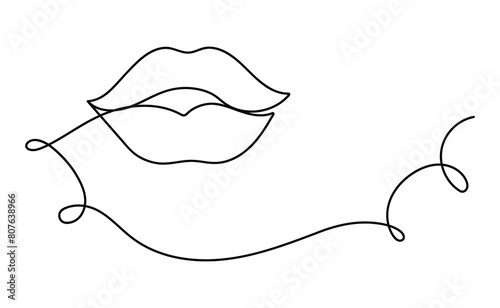 One line drawing of lips. Concept lineart simple symbol for lipstick. Horizontal banner for poster, makeup. Isolated editable stroke. Hand Drawn Vector Illustration. Smiling mouth contour in Doodle st (ID: 807638966)
