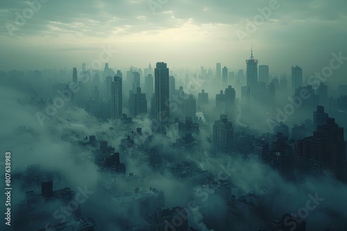 Cityscape in the early morning enveloped by dense fog  creating a surreal urban scene.. AI generated.