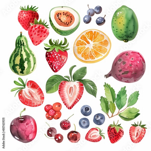 Colorful Assorted Fresh Fruits Watercolor Illustration Set for Summer Designs