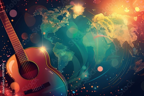 Acoustic Guitar With World Map Background