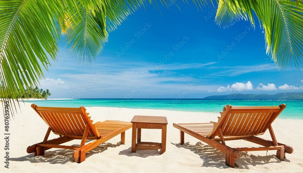 Bright tropical beach with wooden chairs
