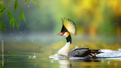 Podiceps cristatus floats on the water and doing pre-wedding dance photo