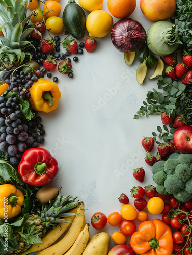  colorful fruits and vegetables, including a variety of tomatoes, berries, and greens, arranged on a grey surface, showcasing a healthy rainbow assortment of organic nutrition, ai