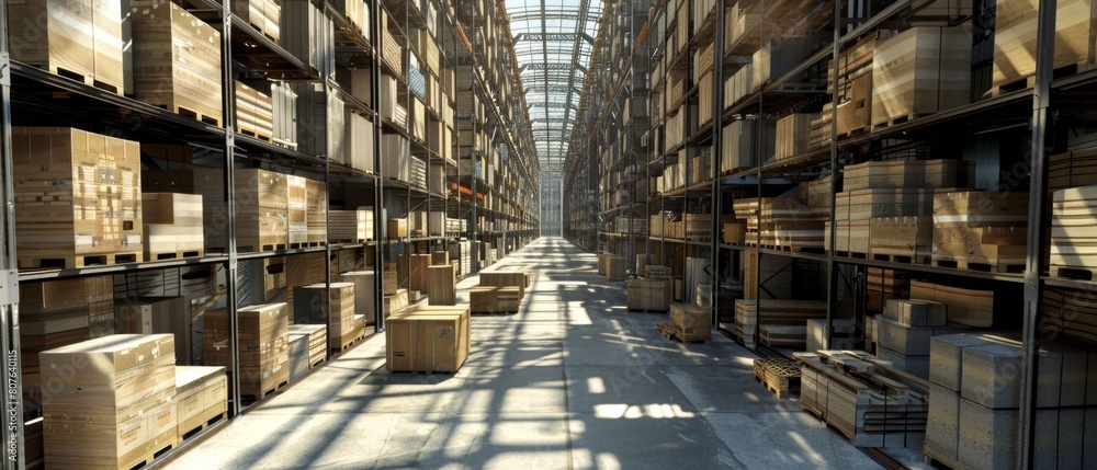 Fototapeta premium Warehouse aisle filled with stacked boxes and pallets.