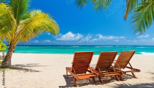 Bright tropical beach with wooden chairs in perspective view