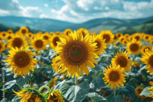 Sunset illuminating vast fields of sunflowers facing the setting sun. AI generated.