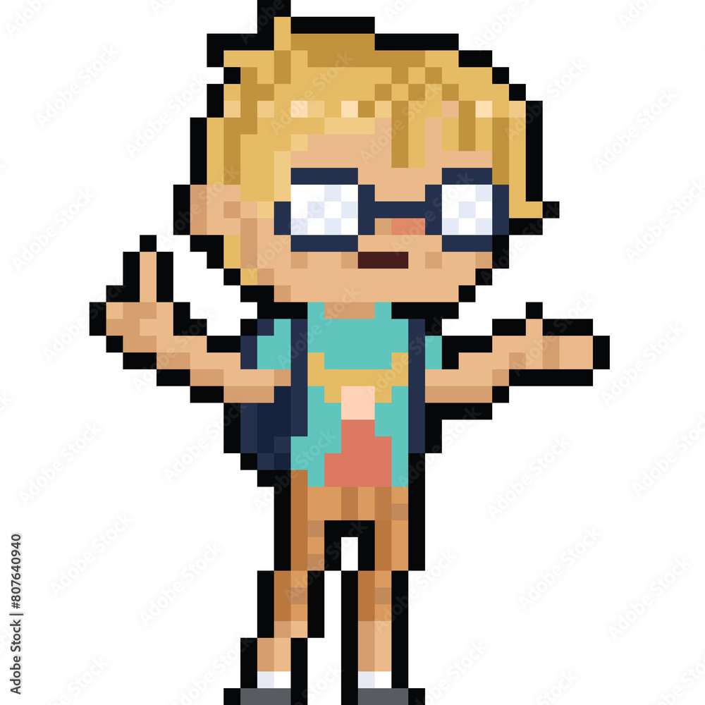 Pixel art cartoon talking nerd boy character Pixel art cartoon talking nerd boy character