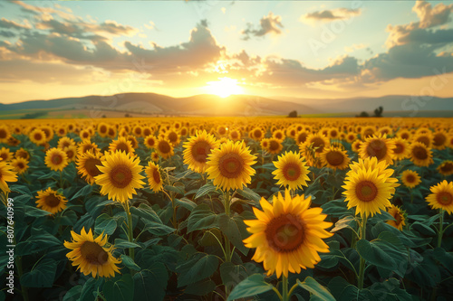 Sunset illuminating vast fields of sunflowers facing the setting sun. AI generated.