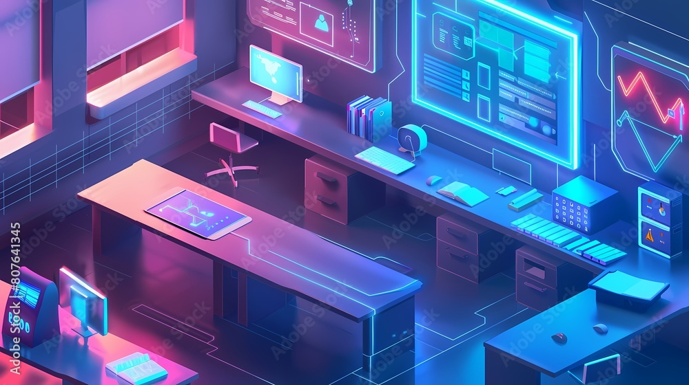 A futuristic neon lit office space with advanced tech and gadgets