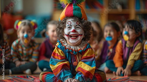 Children in Clown Costumes Sitting on Floor