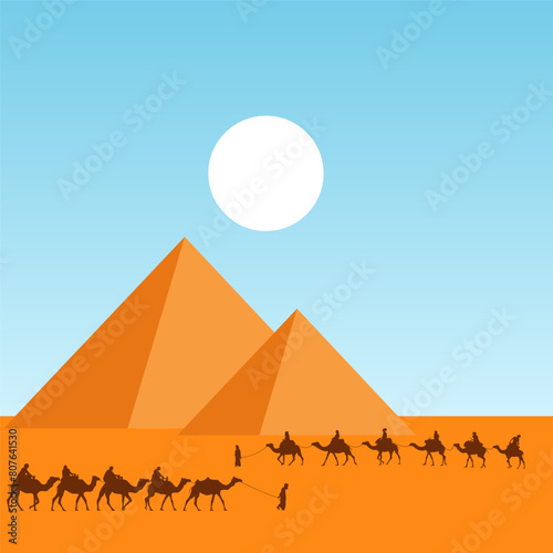 Pyramids of Egypt and camel caravan. Vector illustration. Sketch for creativity.