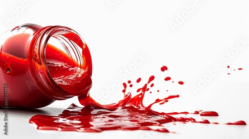 Dynamic image of tomato sauce spilling from an overturned jar, vibrant red against a stark white background photo