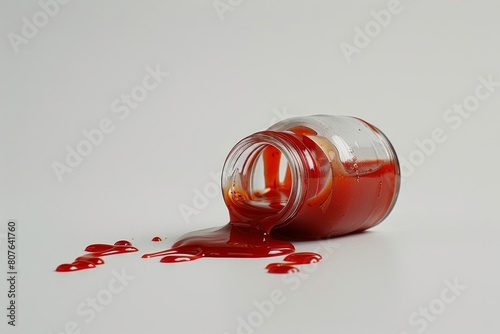 Side shot of a jar tipping over, tomato sauce spilling out, set on a white background to highlight the spill photo