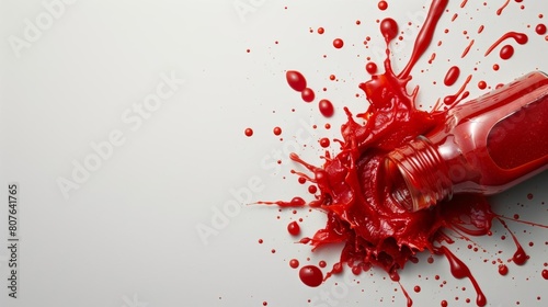 Dynamic image of tomato sauce spilling from an overturned jar, vibrant red against a stark white background photo