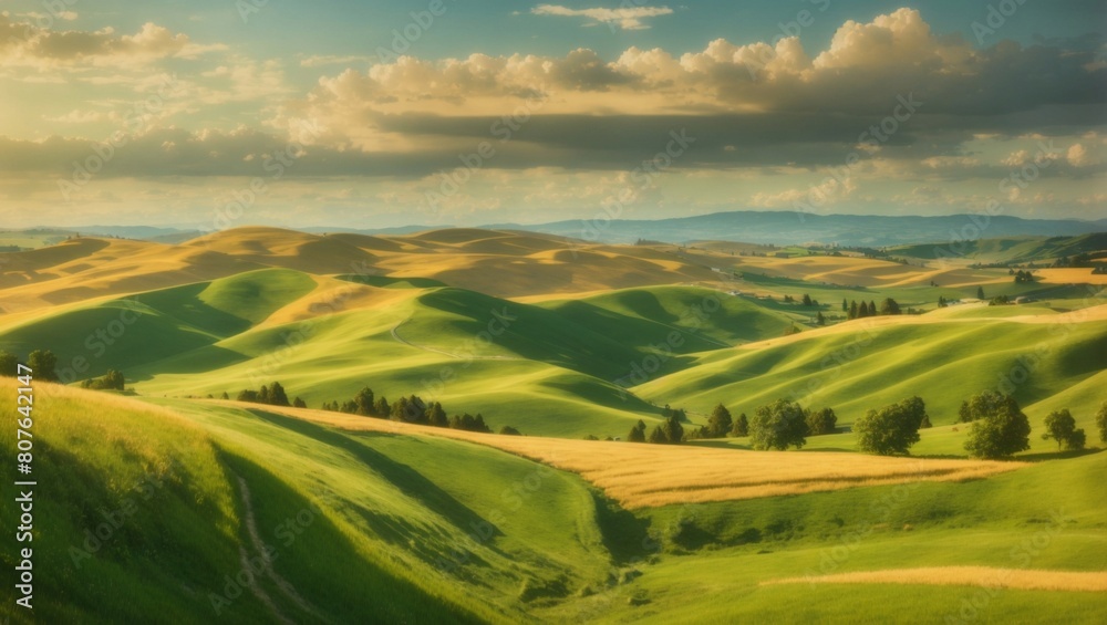 Rolling hills of golden wheat and green pastures