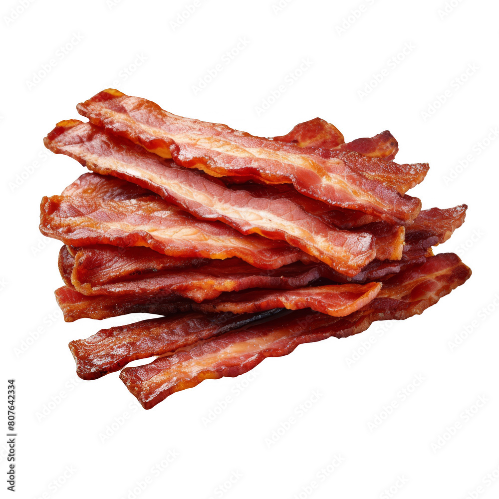 Stack of crispy bacon slices with a glistening texture, showcased against a PNG transparent background
