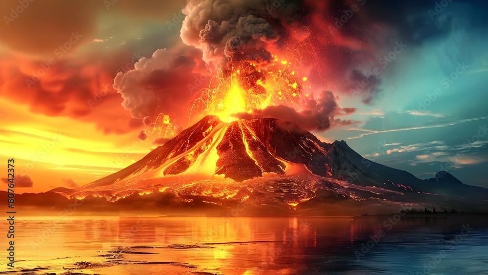Warnings of climate change due to volcanic activity and global warming. Concept Climate Change, Volcanic Activity, Global Warming, Natural Disasters, Environmental Impact