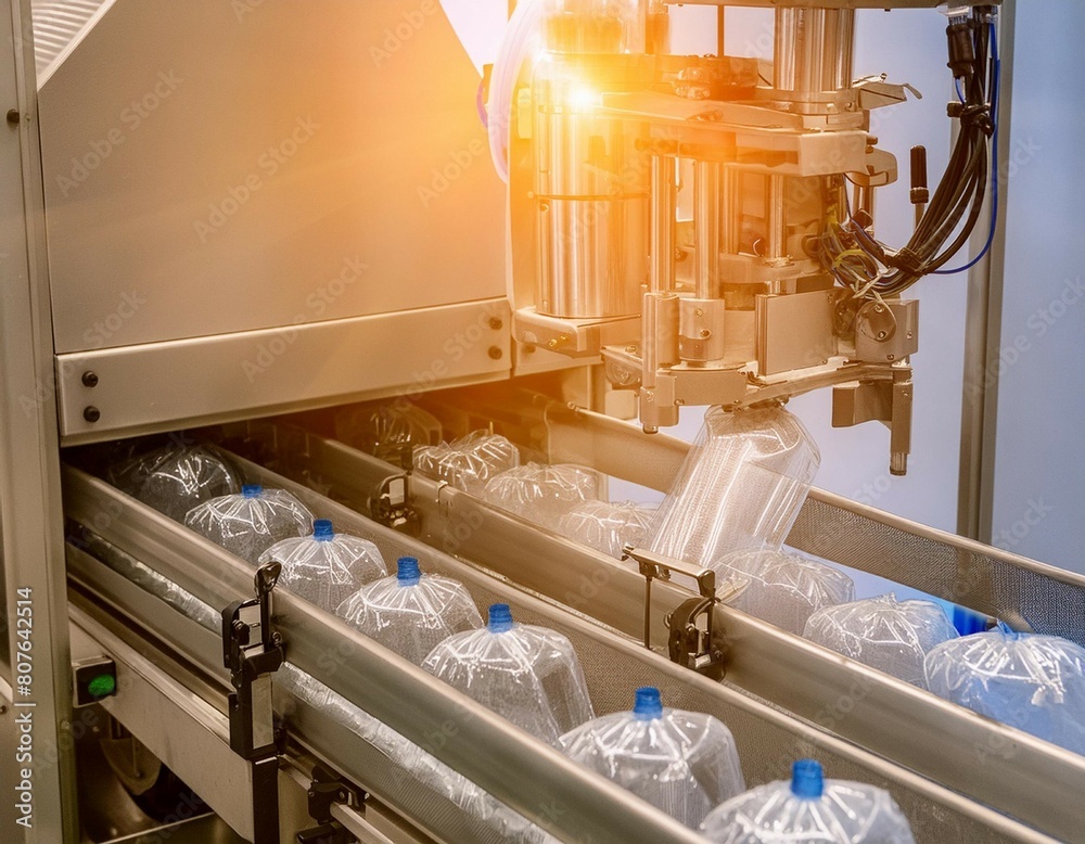 An automated industrial machine for plastic packaging is shown under a ...