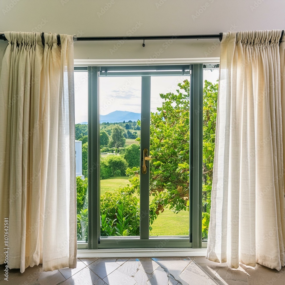 Fototapeta premium White curtain or blinds serving as sun protection in an office with a view of the garden