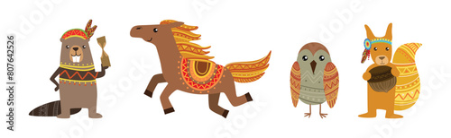 Funny Animal Character with Ethnic Ornament Vector Set