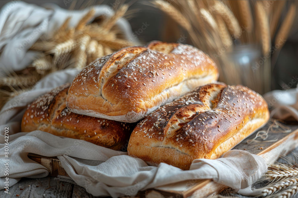 Freshly baked artisan bread loaves on a rustic wooden table, surrounded by golden wheat sheaves. AI generated. Freshly baked artisan bread loaves on a rustic wooden table, surrounded by golden wheat sheaves. AI generated.