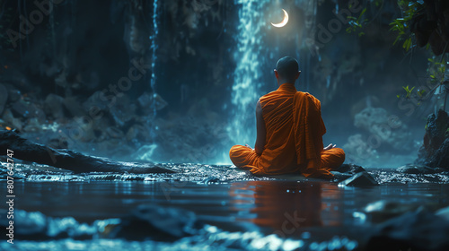 A Buddhist monk meditates peacefully by a moonlit waterfall, surrounded by lush foliage and a tranquil atmosphere, perfect for reflection and tranquility.