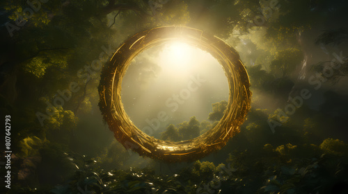 There is a huge golden halo in the center that hangs above the trees and vines