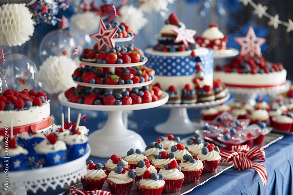 Showcase a table filled with festive desserts decorated in red, white, and blue themes, perfect for Fourth of July celebrations.