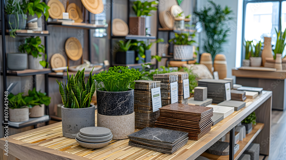 A photo of eco-friendly materials, with sustainable design principles as the background, during a green living home showcase