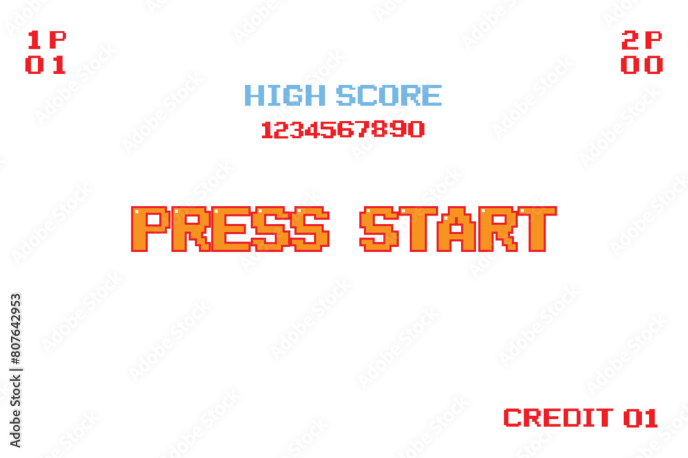 PRESS START. pixel art .8 bit game. retro game. for game assets. on white background. PRESS START. pixel art .8 bit game. retro game. for game assets. on white background.