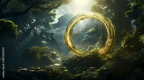 There is a huge golden halo in the center that hangs above the trees and vines