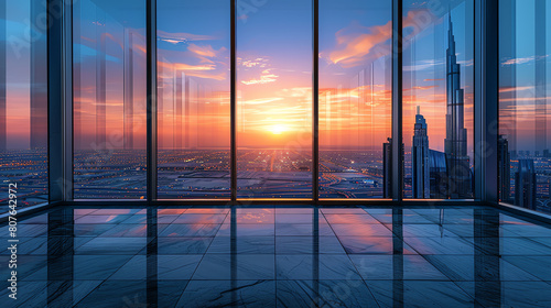 A modern office boasts a floor-to-ceiling window offering a breathtaking view of the sunset over the city skyline  showcasing architectural beauty and evening allure.