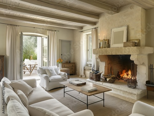 Cozy French Country Living Room with Fireplace