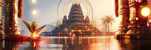 Illustration for tamil new year with temple and symbols.
