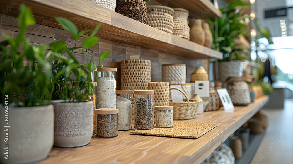 A photo of eco-friendly materials, with sustainable design principles as the background, during a green living home showcase A photo of eco-friendly materials, with sustainable design principles as the background, during a green living home showcase