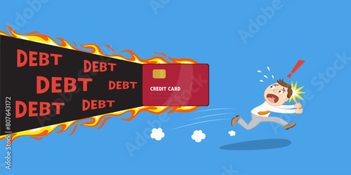 Businessman try escape from credit card debt. 
credit card debt cricis concept.Flat, Vector, Illustration, Cartoon, EPS10. 