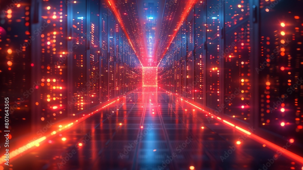 Naklejka premium The corridor of a working data center with rack servers and supercomputers with an Internet connection visualisation projection